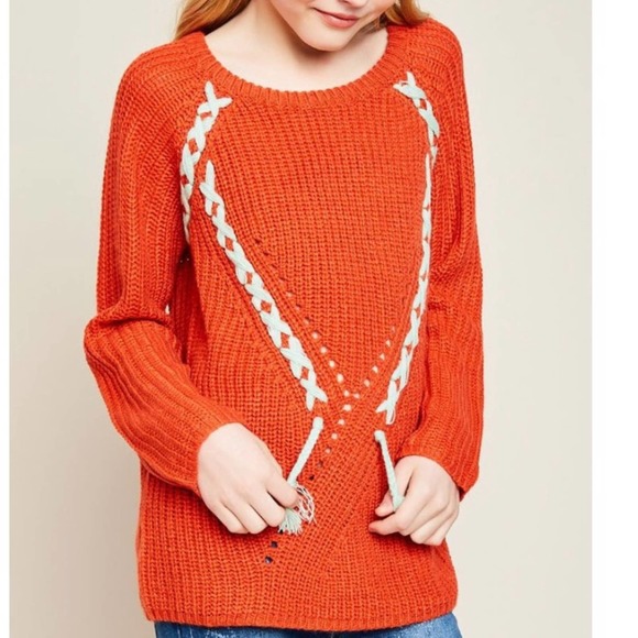 Hayden Girls Other - Hayden LA Lace up Braid Tassel Sweater Rust orange kids sweater